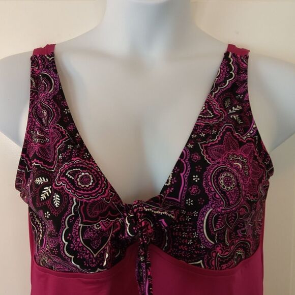 Bleu ice magenta and black Paisley one piece swimsuit with front bow - Picture 2 of 8